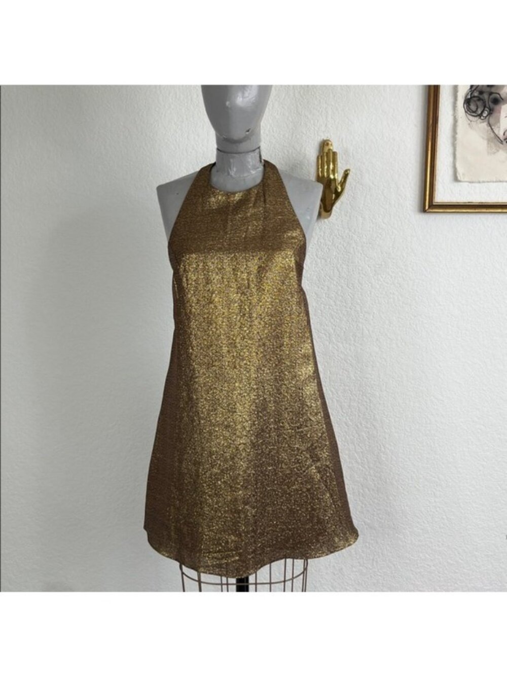 Alice + Olivia Harrison Lame Flared Exposed Back Mini A Line Gold Metallic Dress